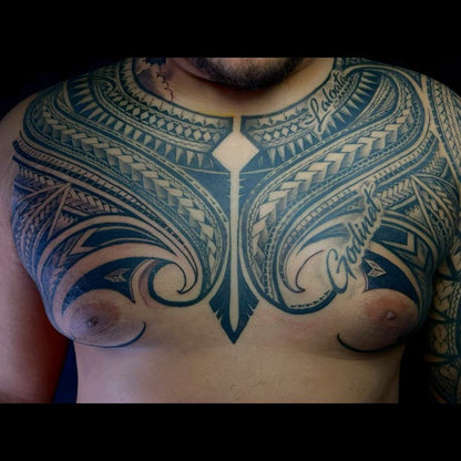 AhChong Ink Polynesian chest tattoo - Pacifik Elements