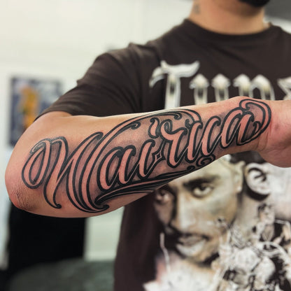 AhChong Ink script forearm tattoo - Pacifik Elements